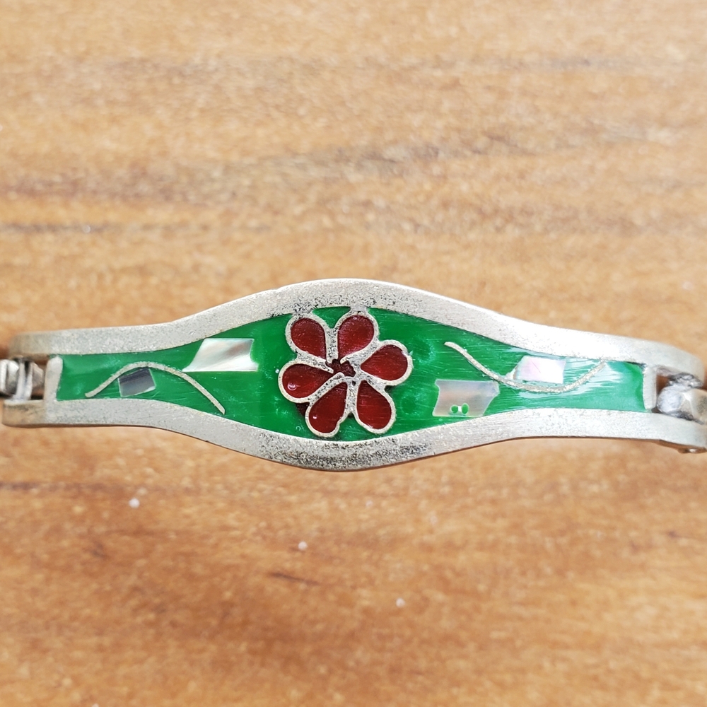 Mexican Silver Inlay Hinged Bracelet